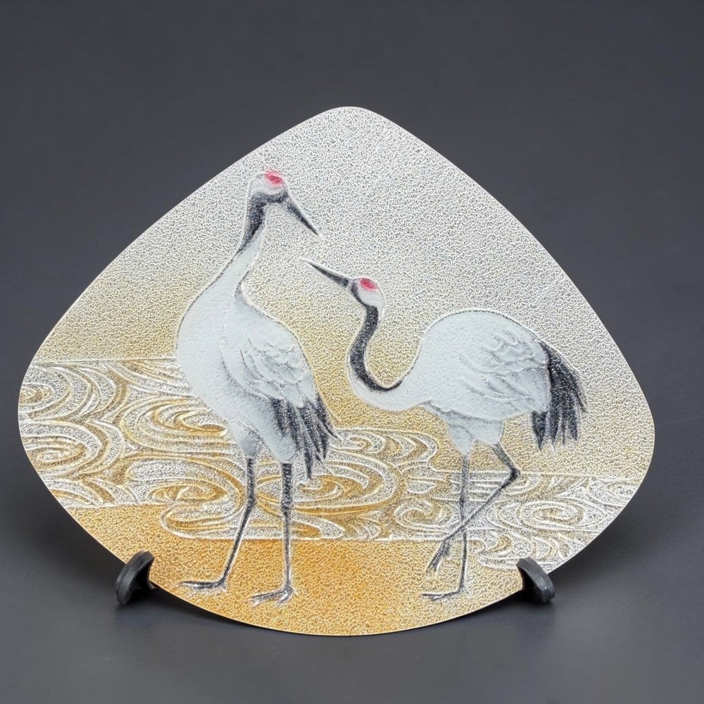 Ando Cloisonne Japanese Enamel Fan Plate Red Crowned Cranes Silver Gold w Stand